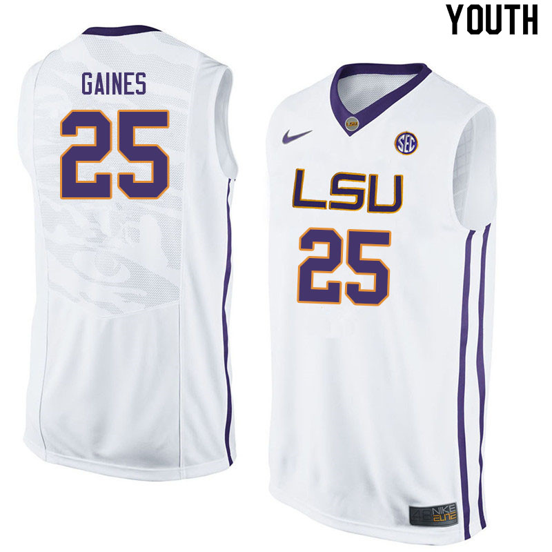 Youth #25 Eric Gaines LSU Tigers College Basketball Jerseys Sale-White